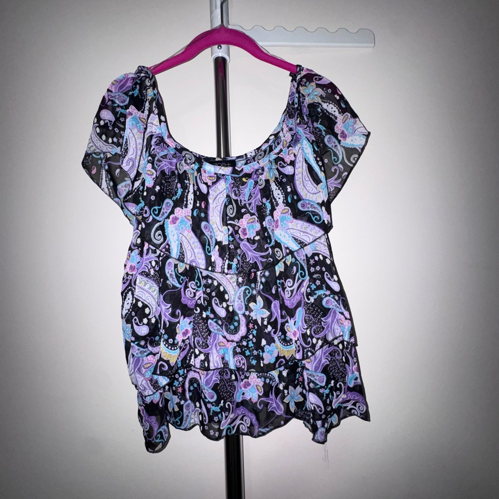 Zoe + Skye Black Off the Shoulder Three Tier Blouse with Lavender Paisley Print